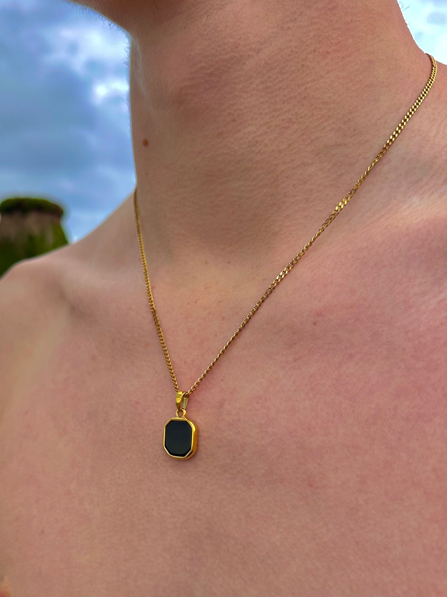 Black Onyx Stone Necklace Gold