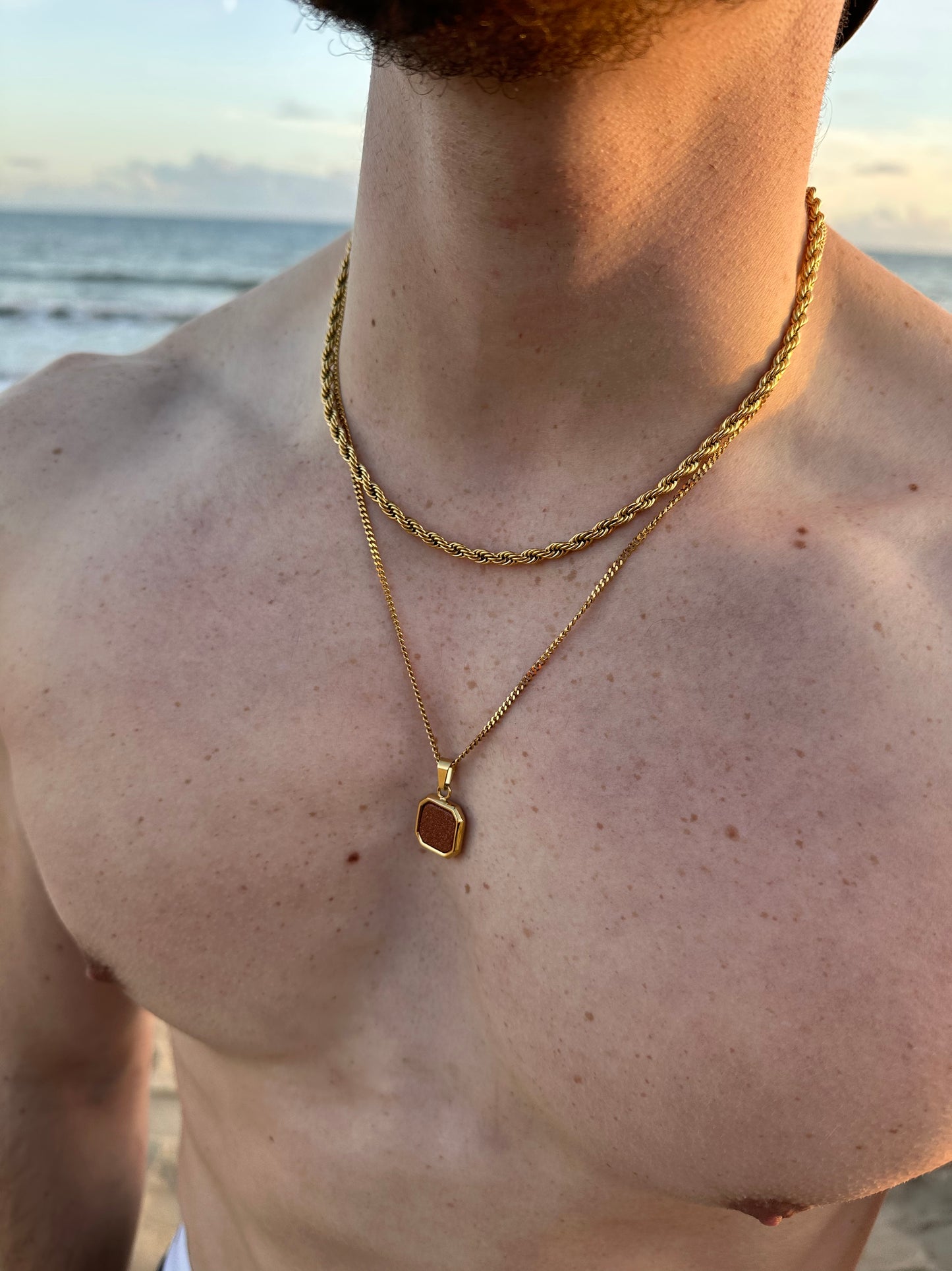 Gold Red Sandstone Pendant Two Chain Set