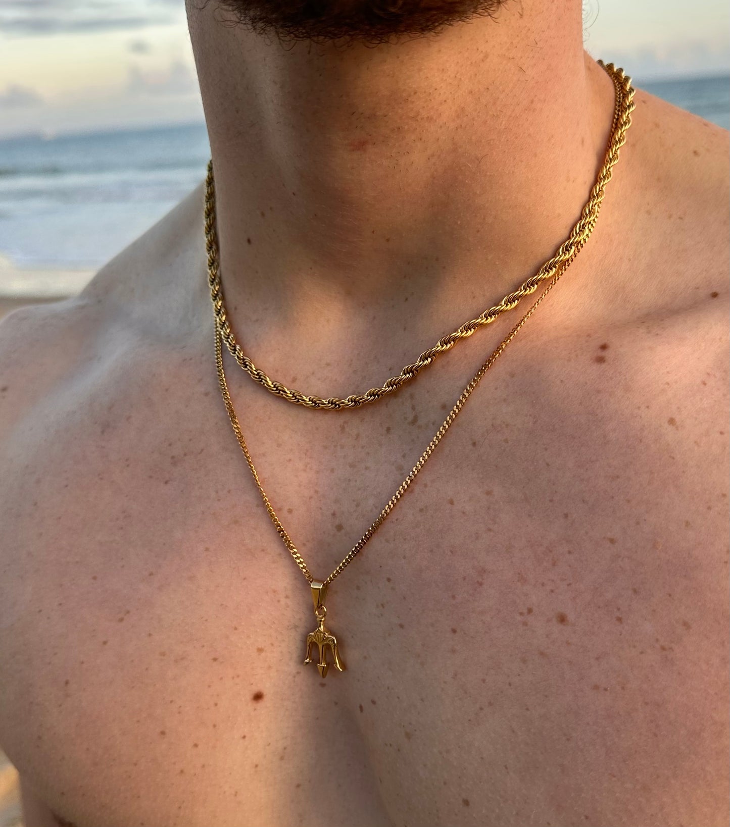 Gold Trident Pendant Two Chain Set