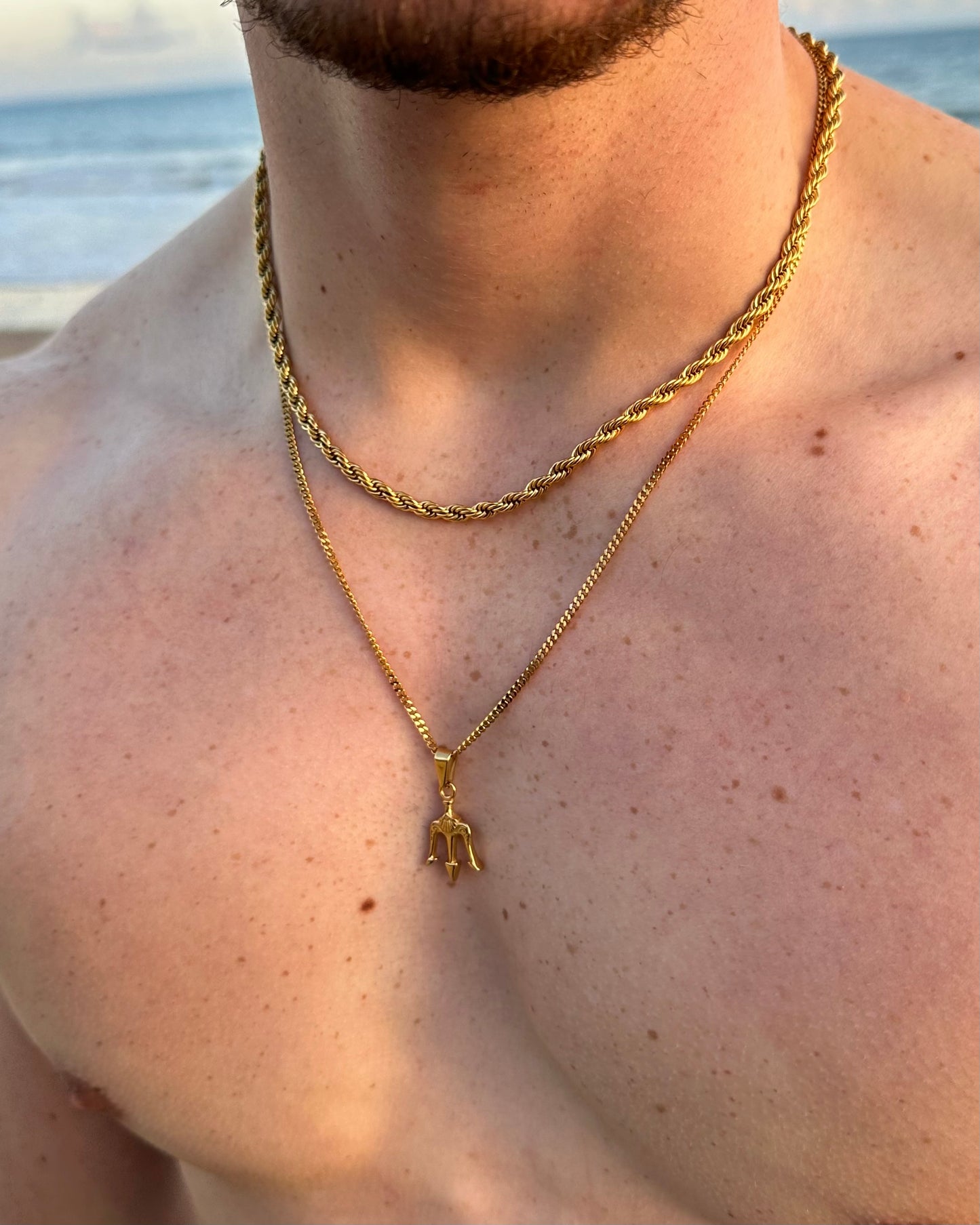 Gold Trident Pendant Two Chain Set