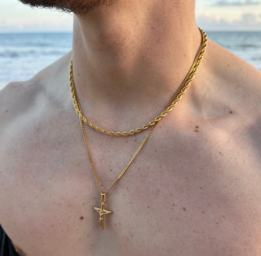 Gold Crucifix Pendant Two Chain Set