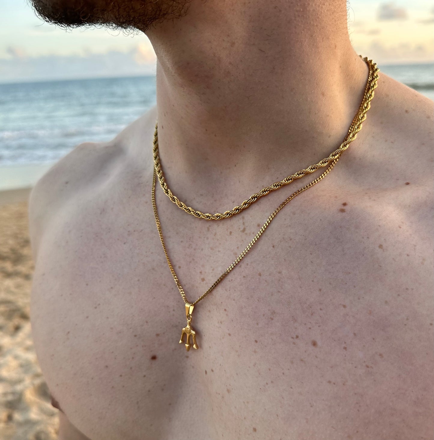 Gold Trident Pendant Two Chain Set