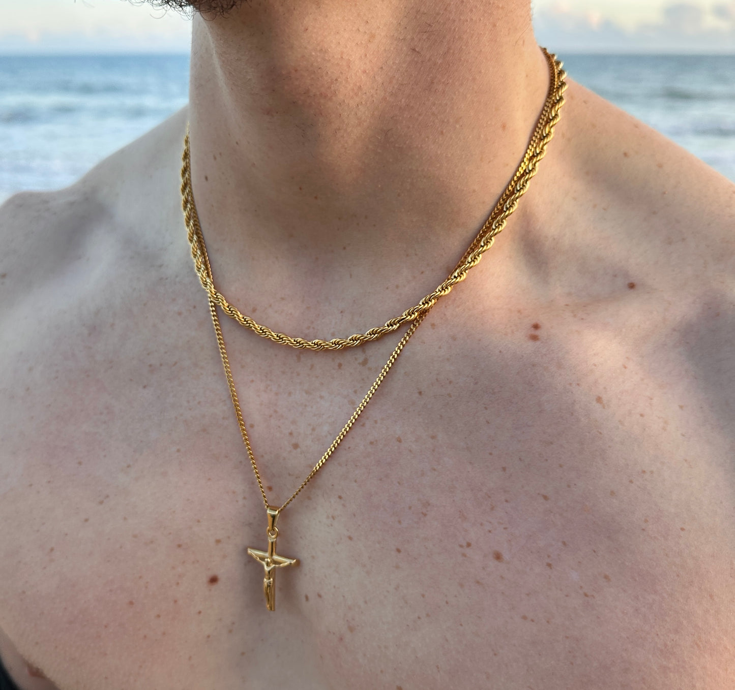 Gold Crucifix Pendant Two Chain Set