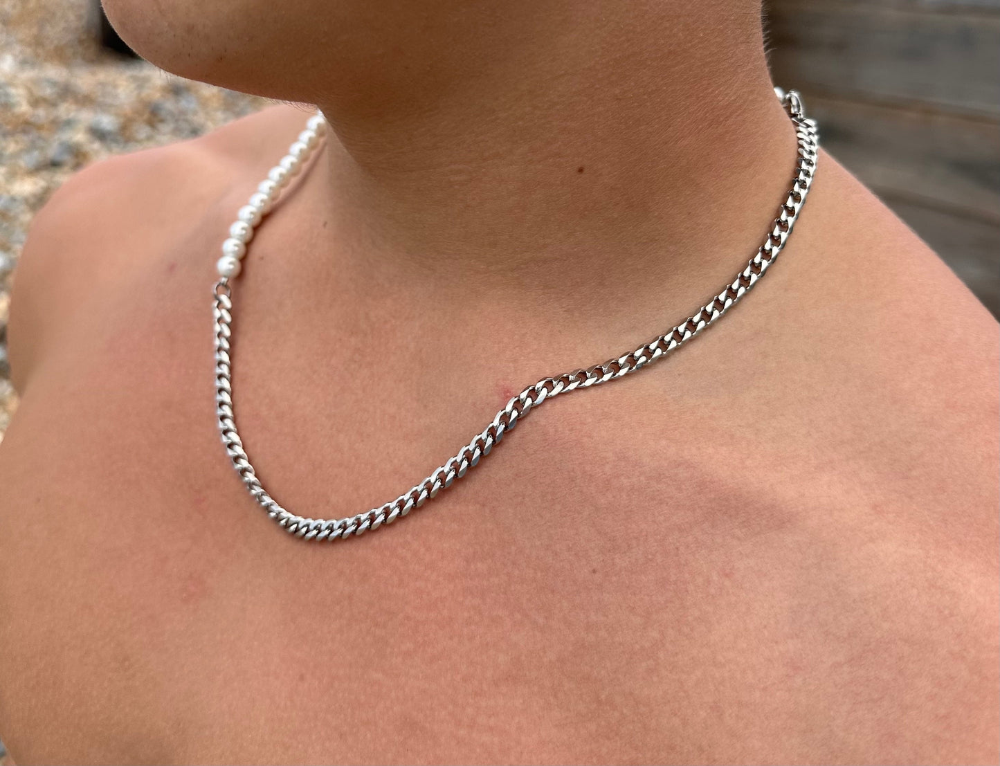 Men‘s Half Pearl half Cuban Chain Necklace mens