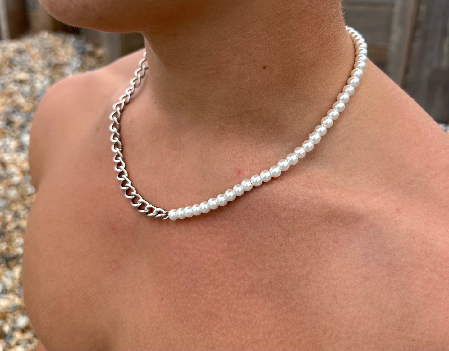 Men‘s half Pearl half Cuban chain necklace