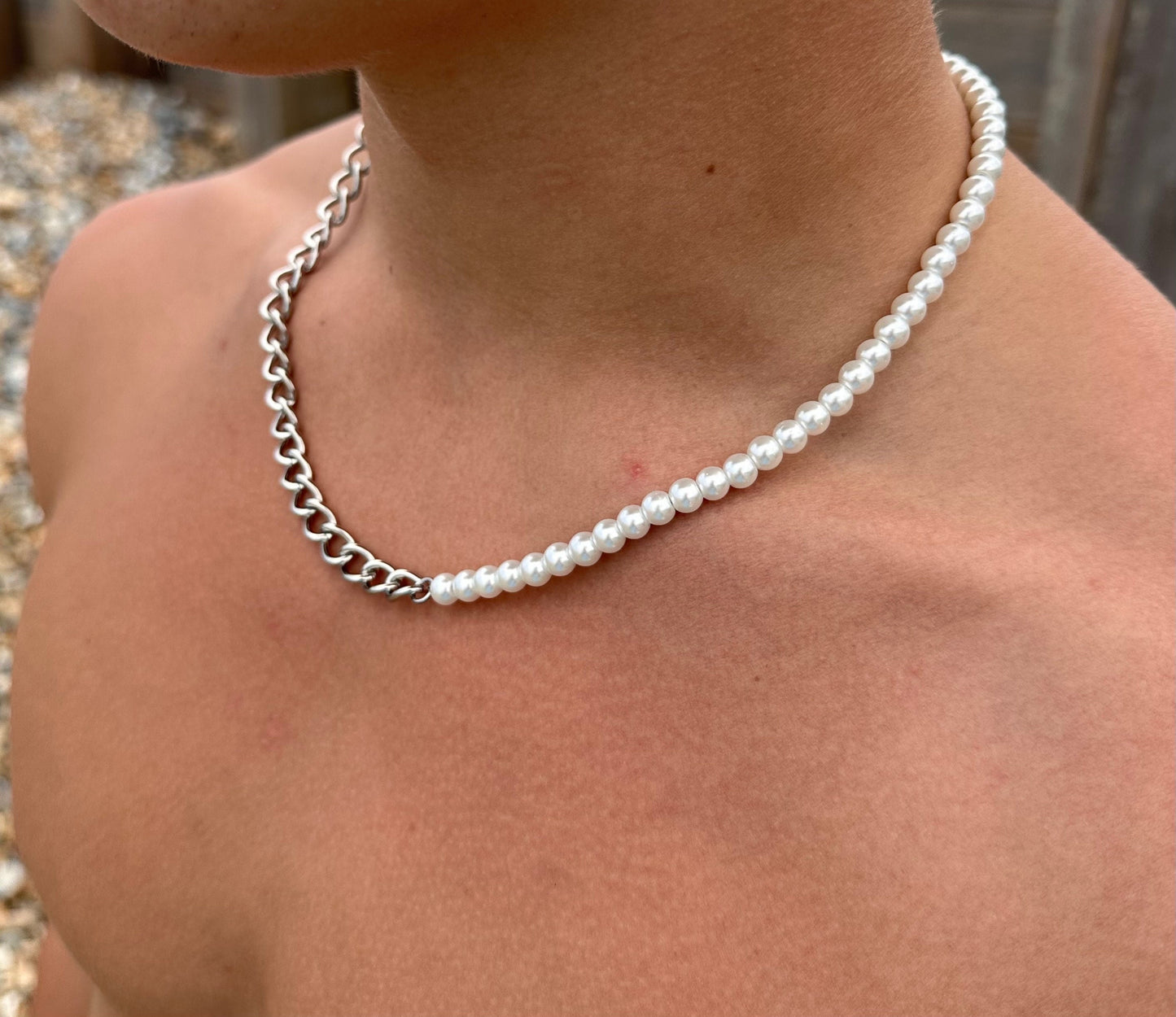 Men‘s half Pearl half Cuban chain necklace