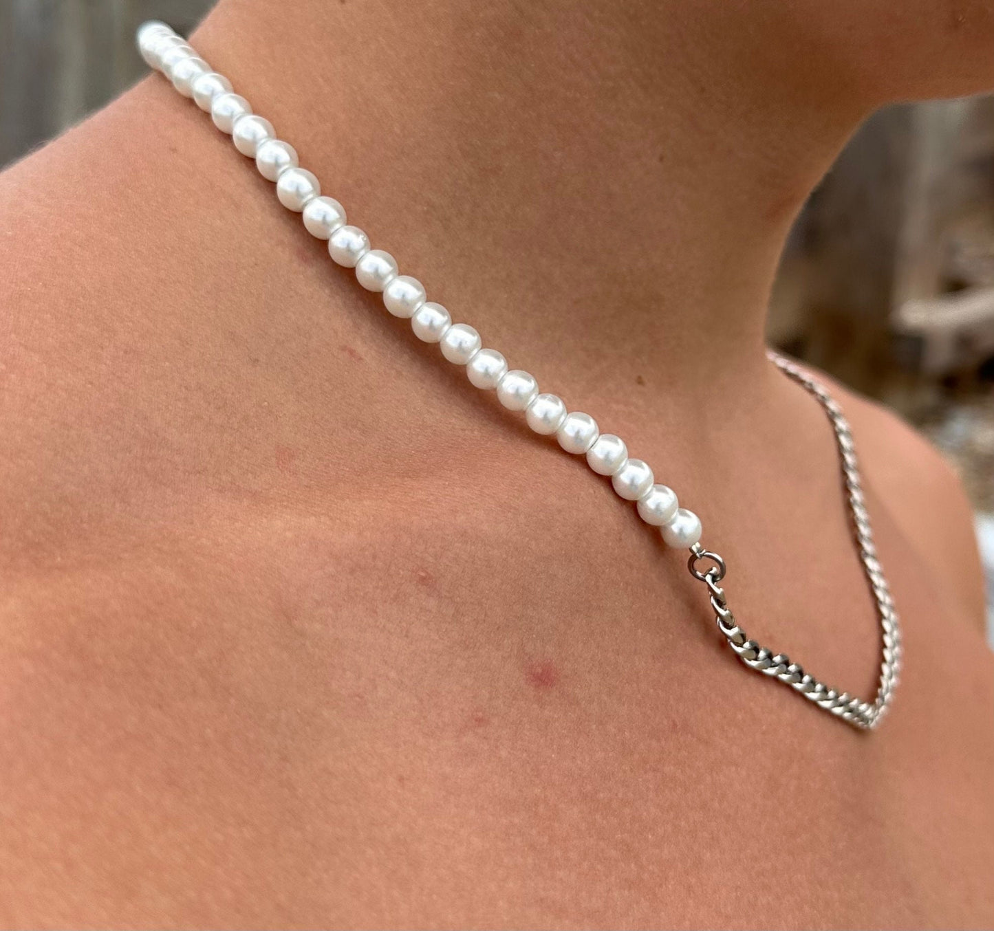 Men‘s half Pearl half Cuban chain necklace