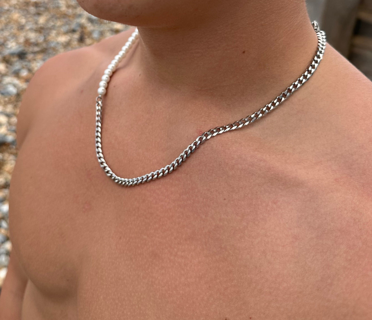 Men‘s half Pearl half Cuban chain necklace