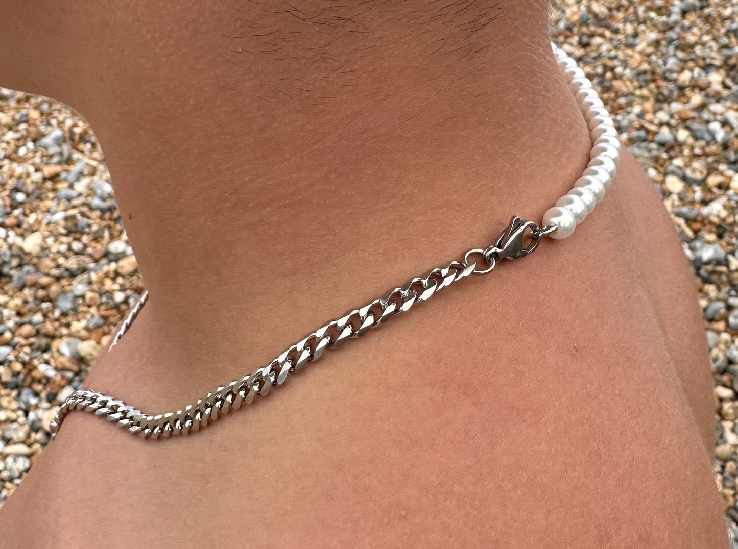 Men‘s half Pearl half Cuban chain necklace
