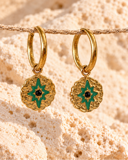 Coloured Star Gold Hoop Earrings Dark Green