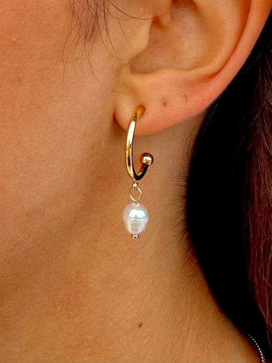 Freshwater Pearl Gold Hoop Earrings