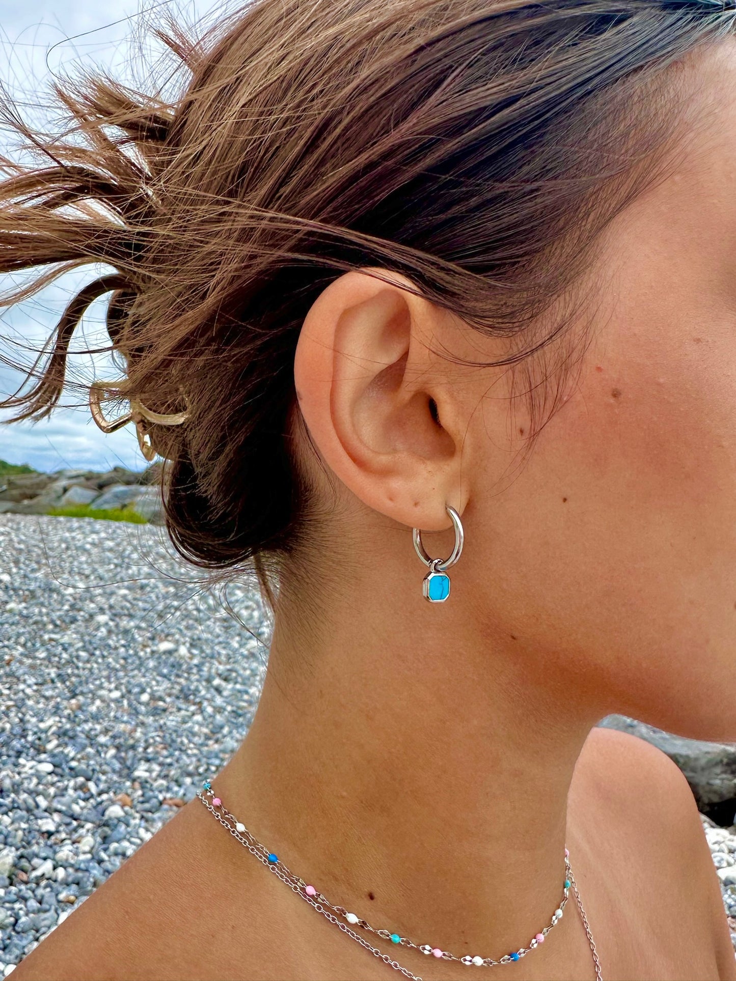 Mini Turquoise Stone Earrings Silver