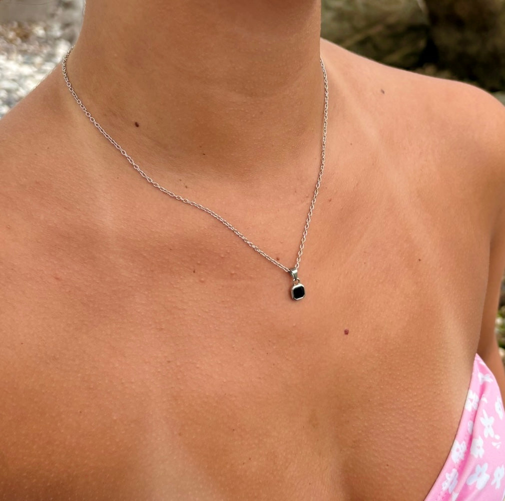 Mini Black Onyx Stone Necklace Silver