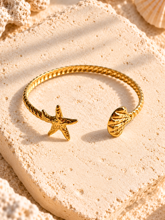 Gold Starfish Shell Bangle Bracelet