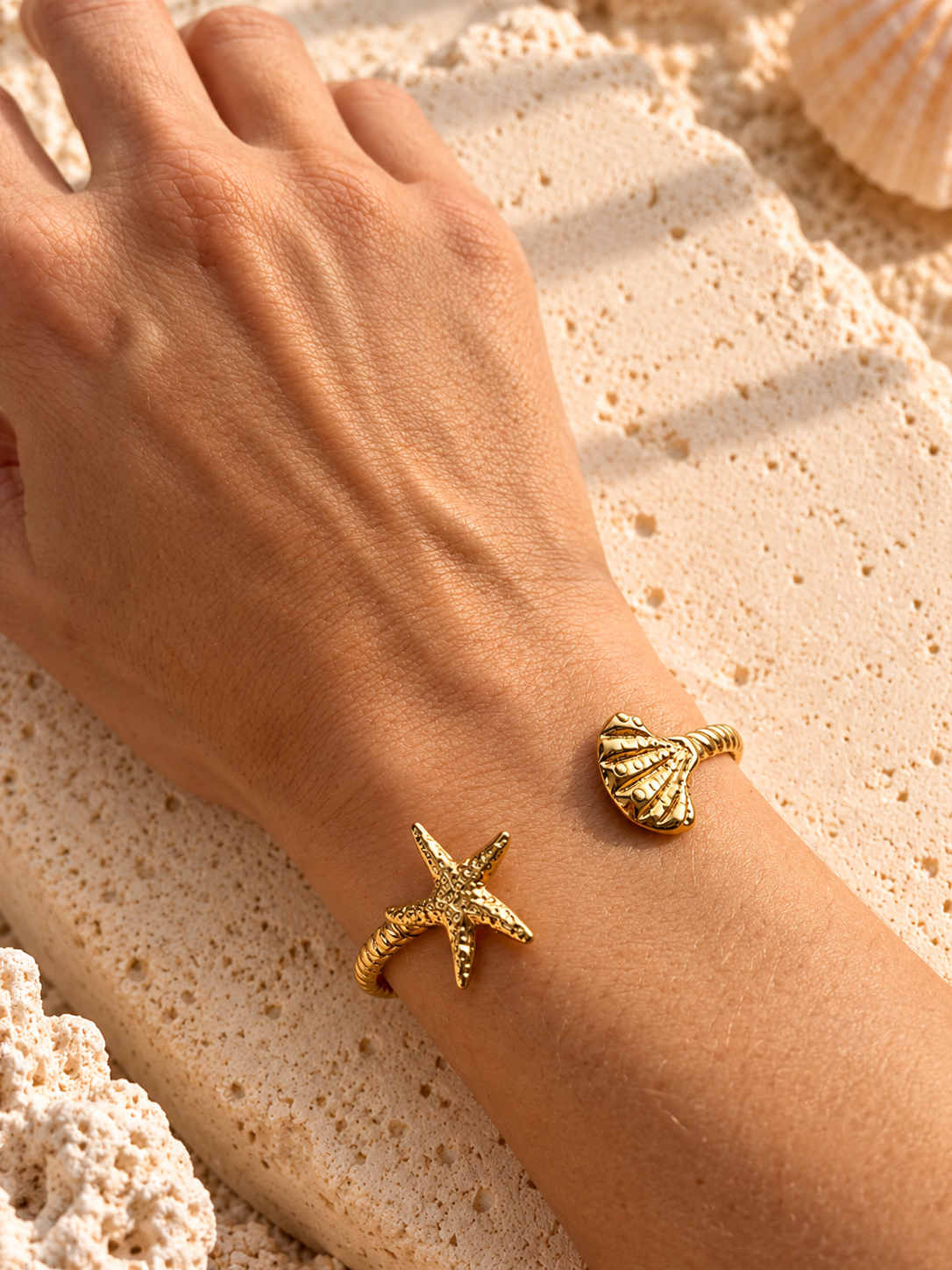 Gold Starfish Shell Bangle Bracelet