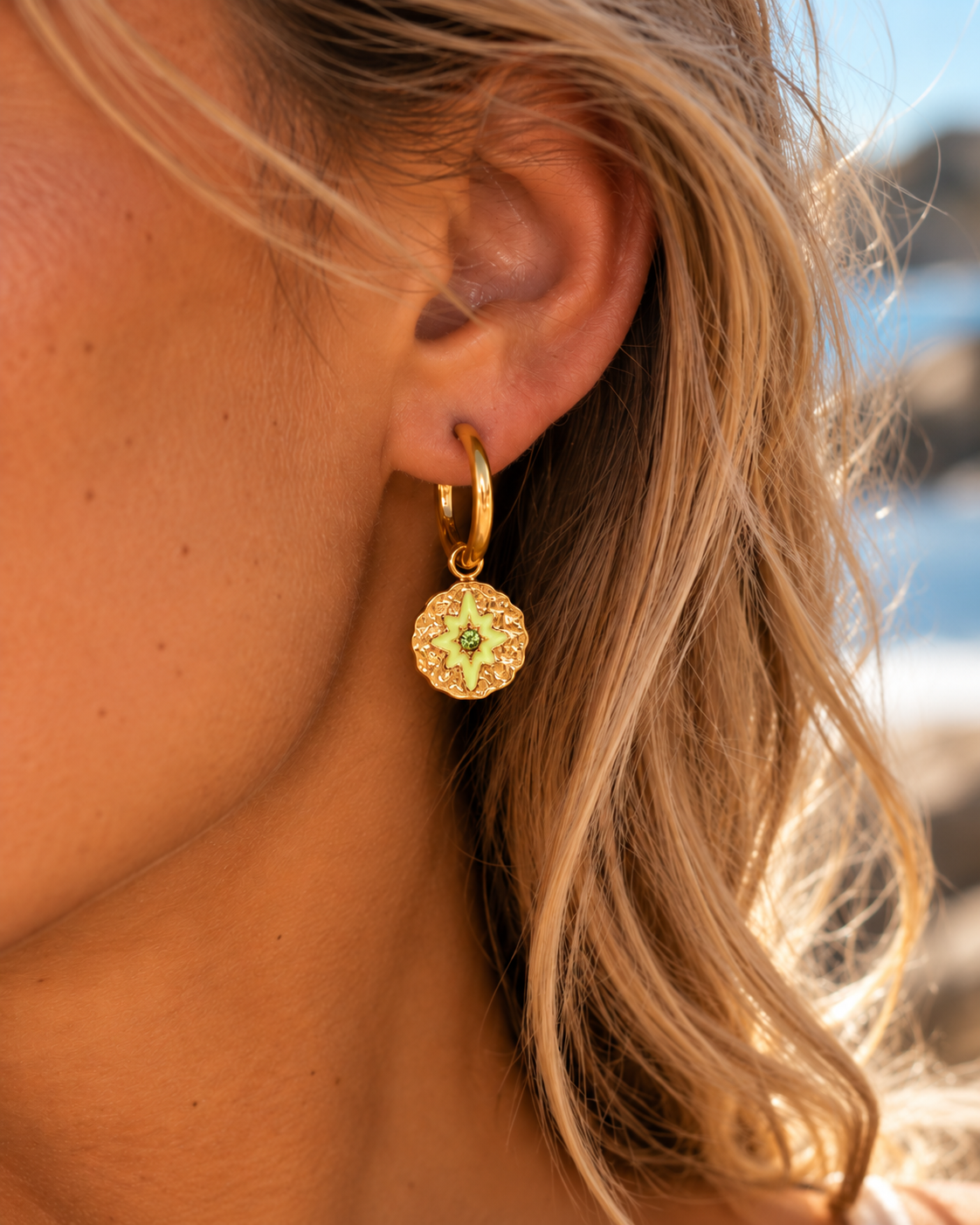 Coloured Star Gold Hoop Earrings Light Green
