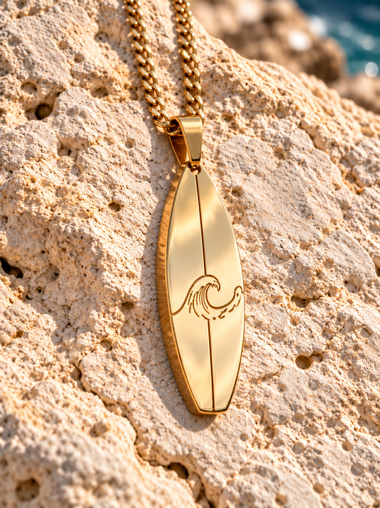 Gold Wave Surfboard Pendant