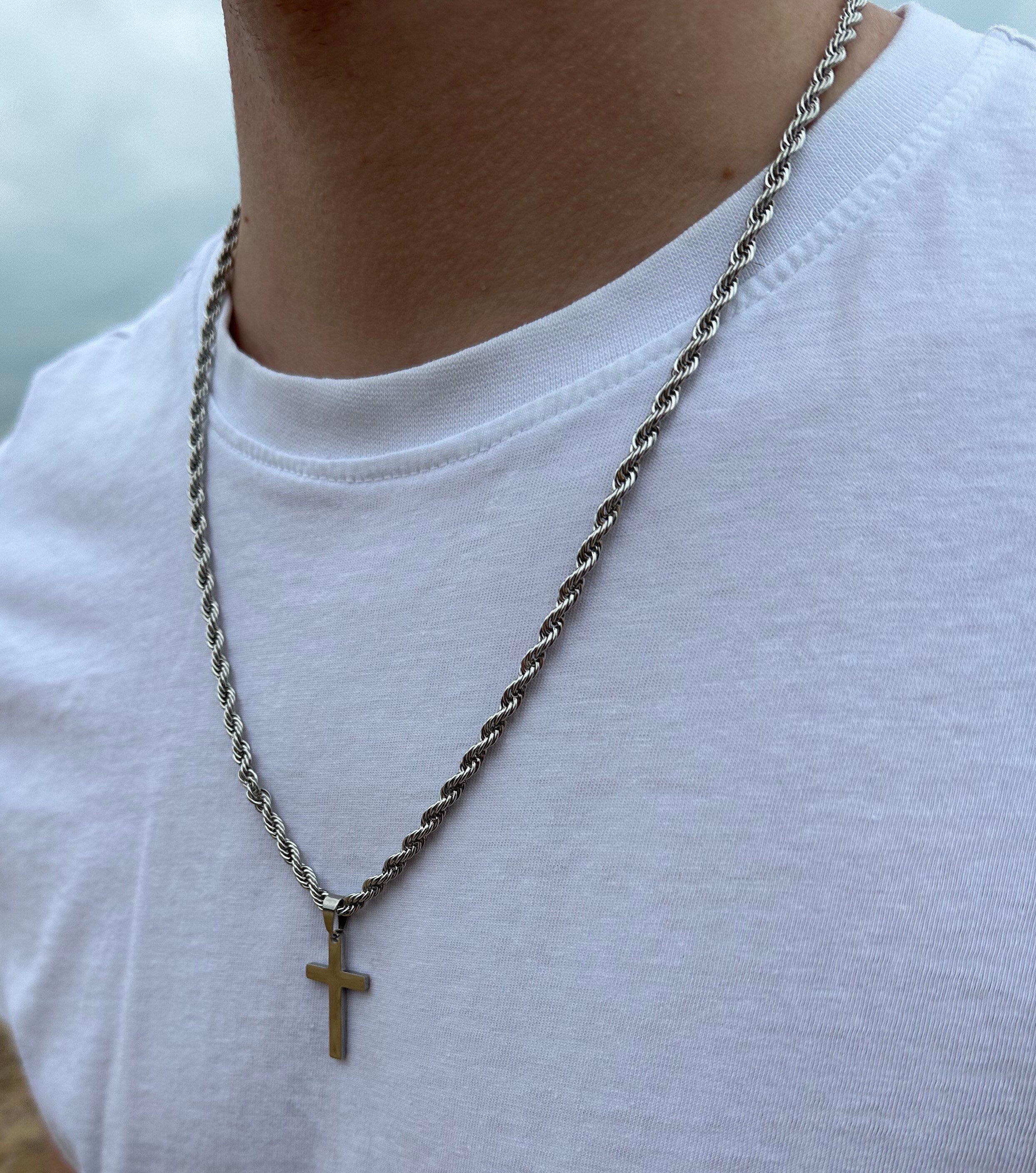 Christian Cross Necklaces For Men Silver, 24 inch - Eleganzia Jewelry